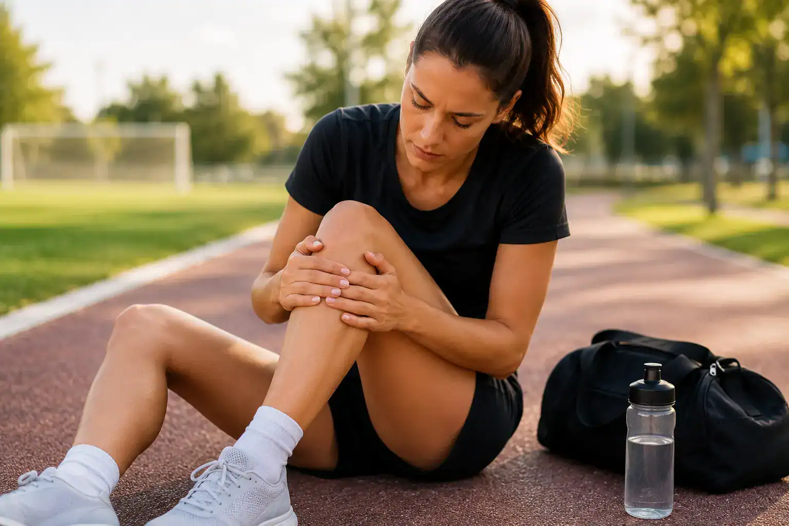 Deportista revisando su rodilla tras el ejercicio